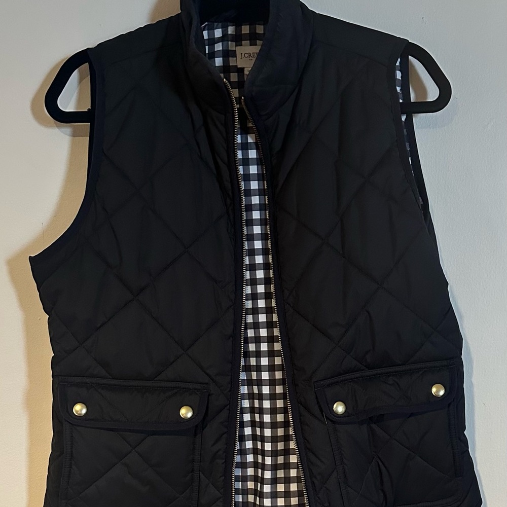 J. Crew Black Quilted Vest with Checkered Interior